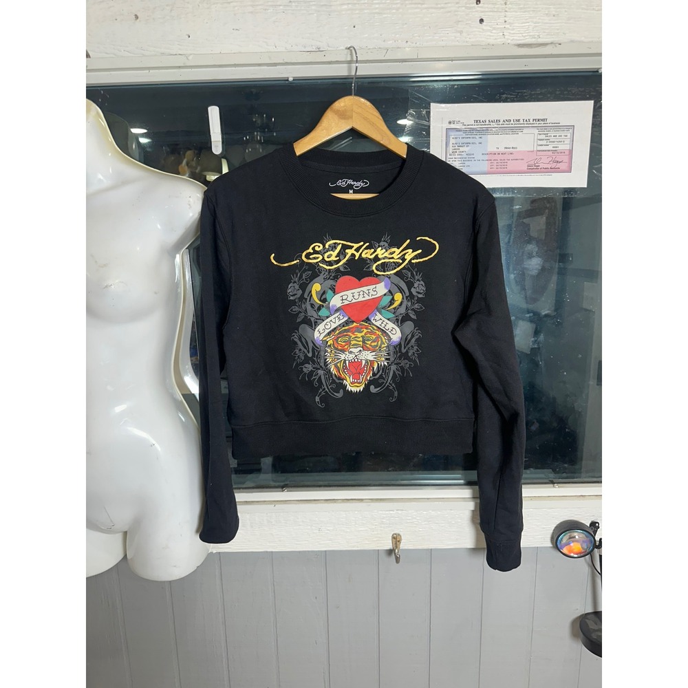 Ed Hardy Womens Black Cropped Sweatshirt Tiger Heart Tattoo Graphic EHWR1415-S M